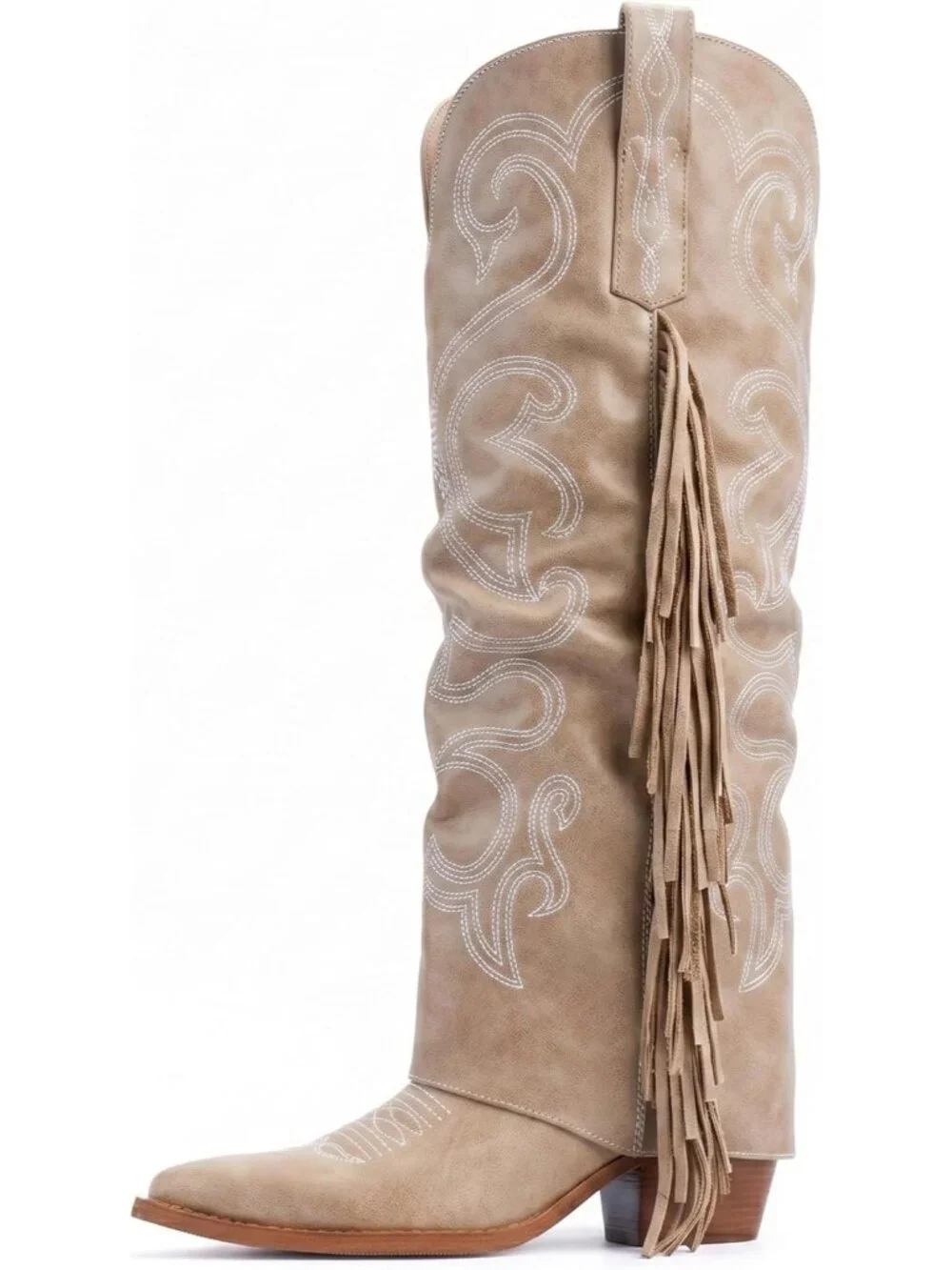 Women's Nude Rubber Knee High Fold Over Half Zipper Chunky High Heel Boots